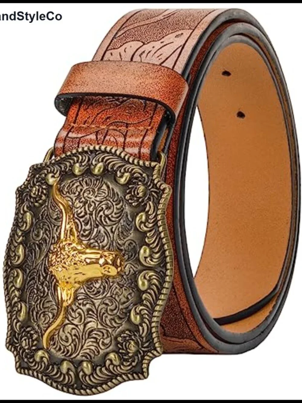 Western PU-Leather Cowboy Buckle Belt with Floral Engraved Longhorn Bull Buckle